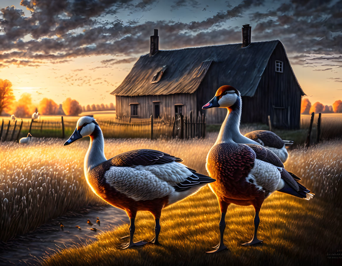 Rustic house and geese in sunset-lit rural field