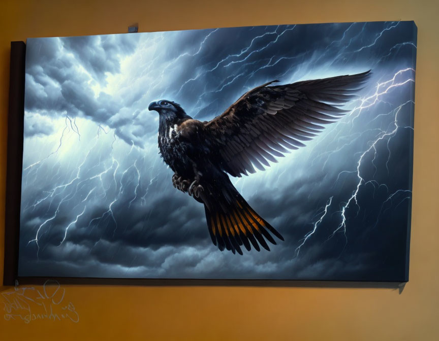 Eagle in Flight Painting with Stormy Sky Background