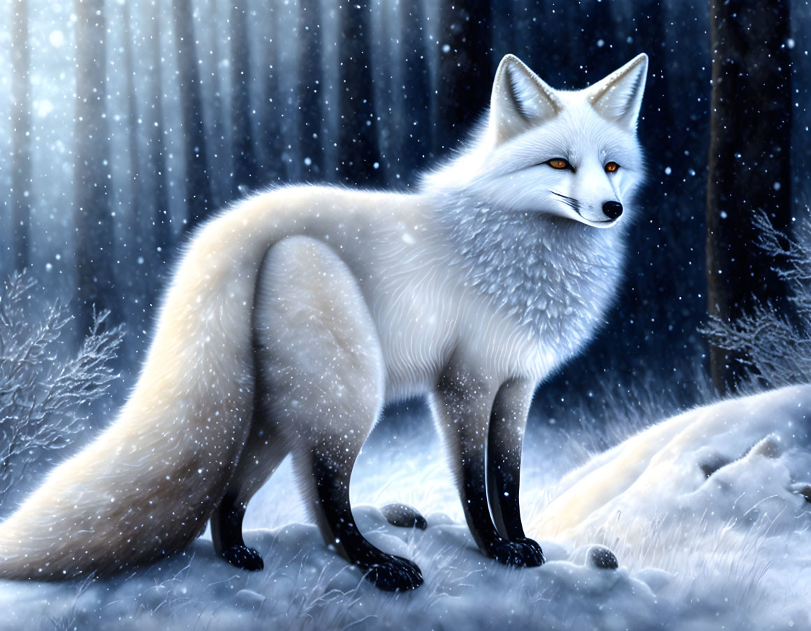 White Fox in Snowy Landscape with Dark Trees