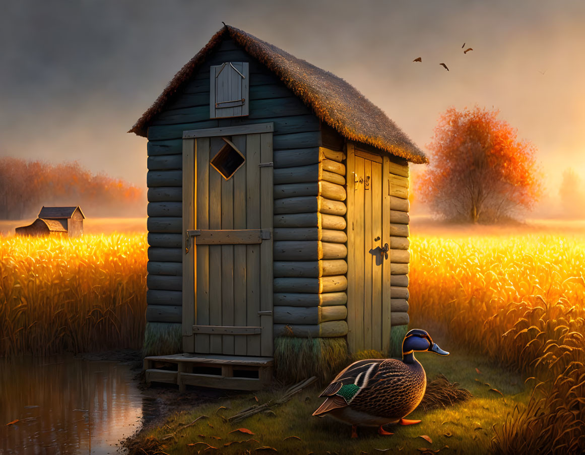 Tranquil Autumn Landscape with Wooden Hut and Wildlife