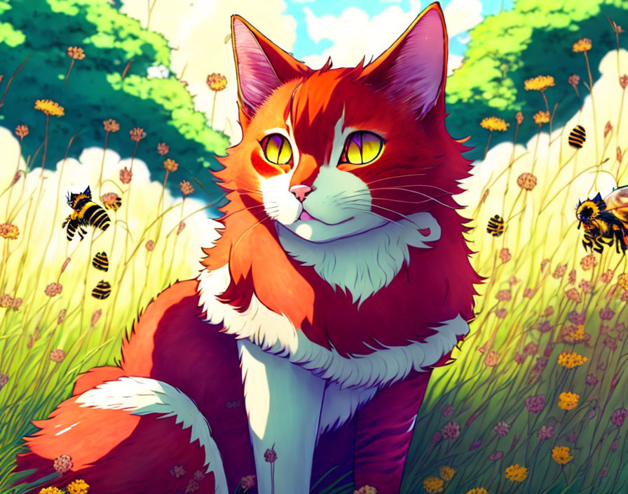 Illustrated orange cat in sunny field with flowers and bees.