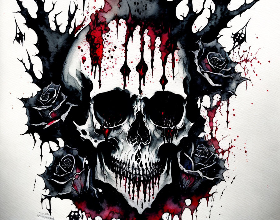 Skull surrounded by roses in black and red on white background