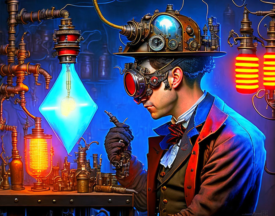 Steampunk-themed image: Man in Victorian attire with goggles and gear helmet in lab setting.