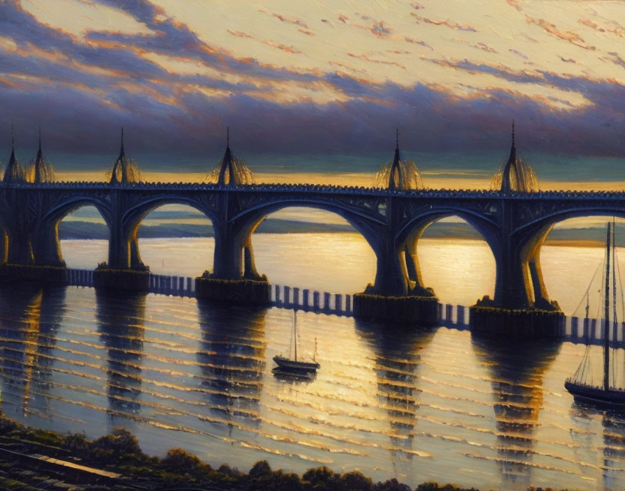 Ornate bridge over calm river at sunset with boats