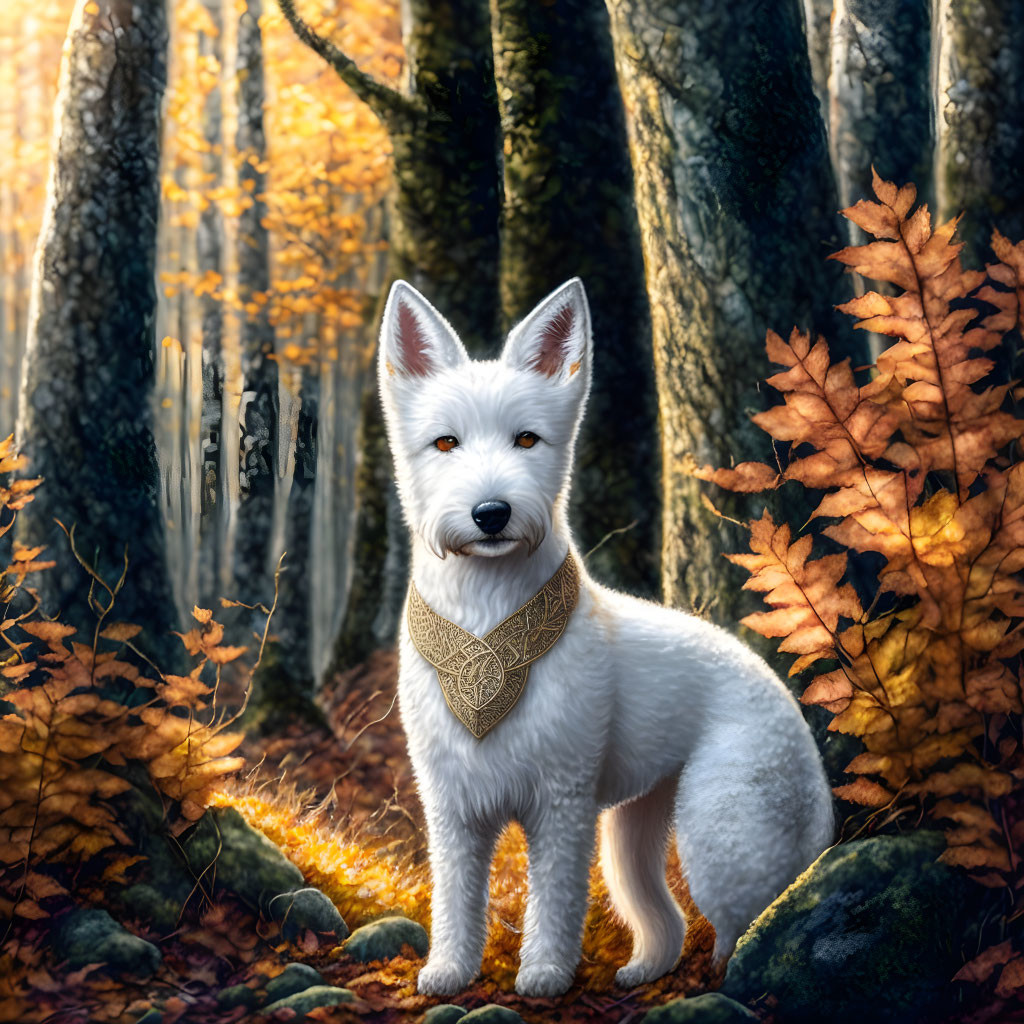 White dog in bandana in sunlit autumn forest