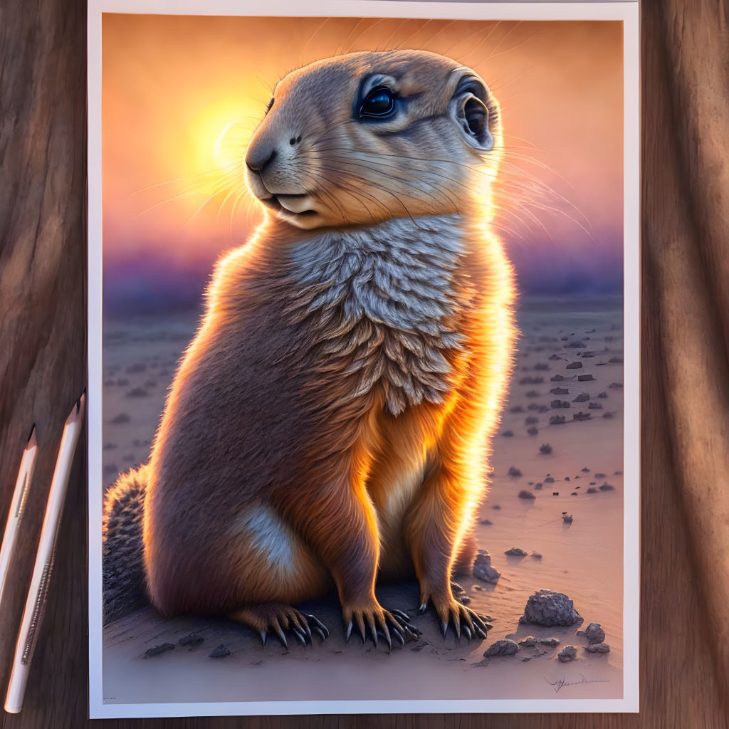 Realistic prairie dog in desert sunset with artistic signature