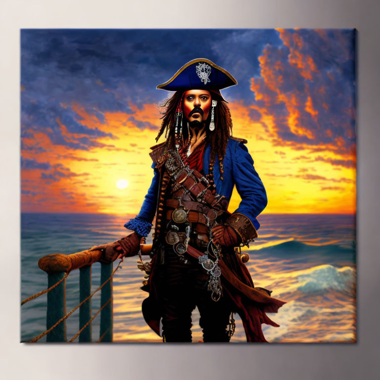 Fictional pirate character on ship with sunset and ocean scene