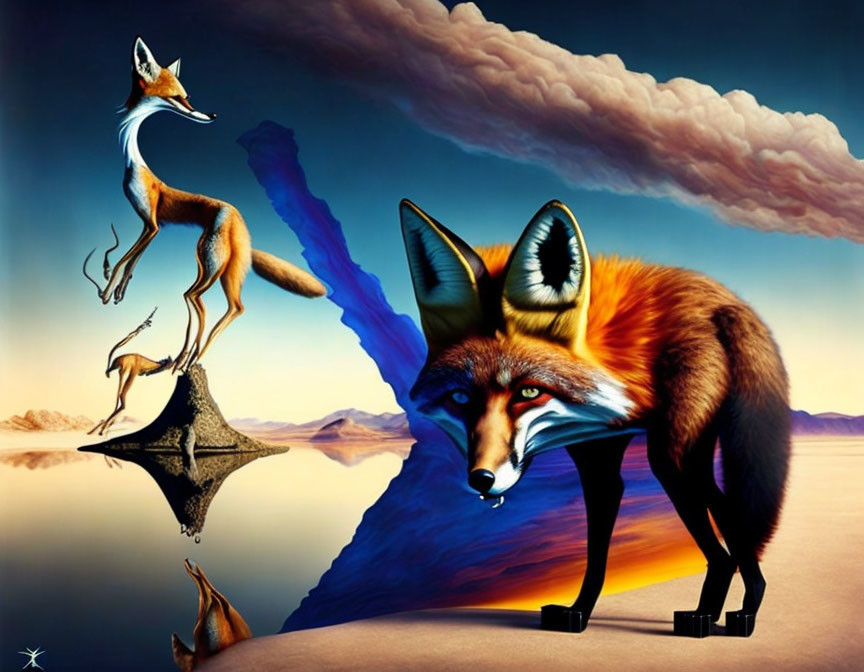 Surreal painting: Fox with elongated legs in desert with mirror image on rock spire