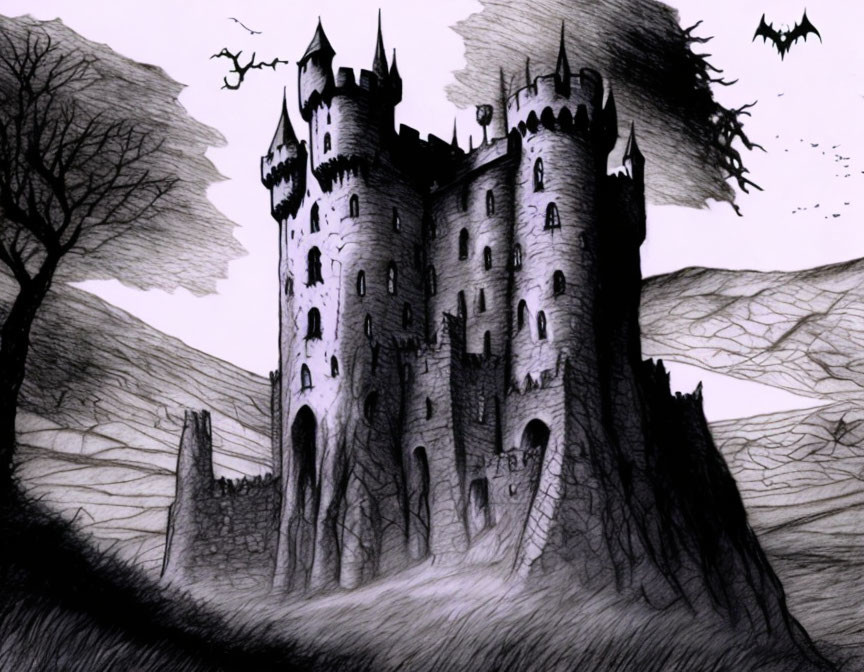 Monochromatic gothic castle drawing with eerie scenery