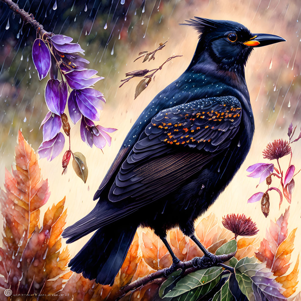 Starling perched on rainy branch with purple flowers and autumn leaves.