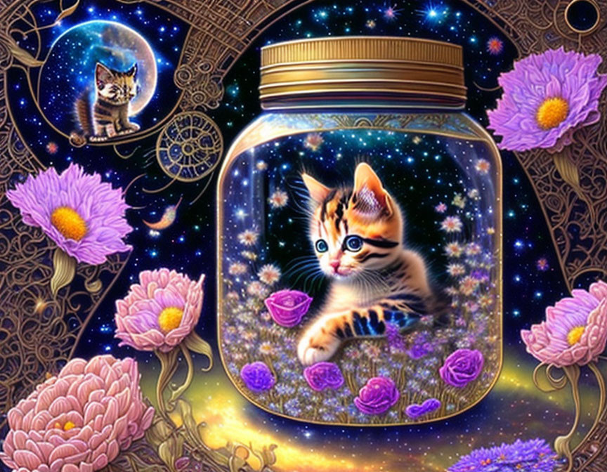 Illustration of kitten in jar with cosmic background and purple flowers