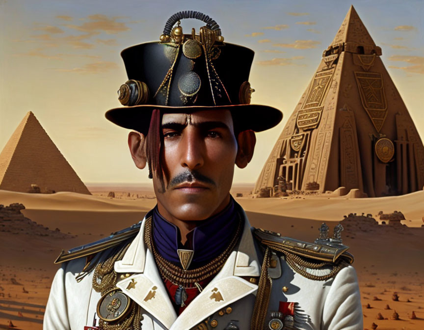 Steampunk-themed man in decorated uniform with mechanical elements in desert with pyramids.