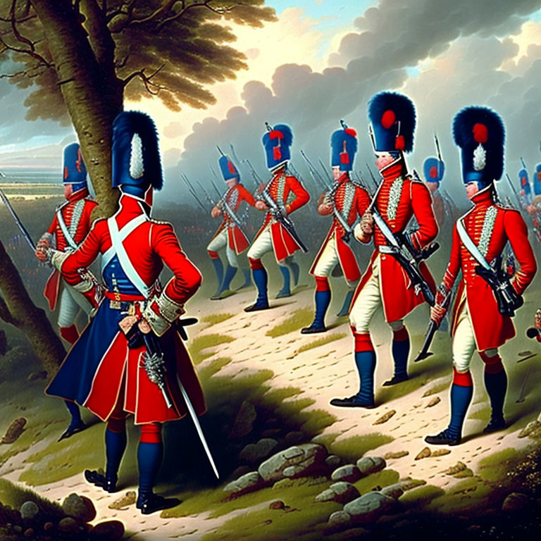 Red-coated soldiers with black shako hats marching in a grassy field