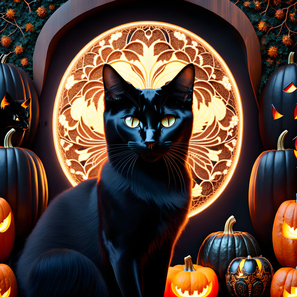 Black Cat with Green Eyes Among Carved Pumpkins in Halloween Scene