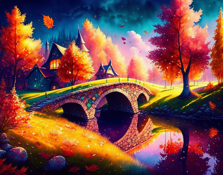 Colorful autumn scene: stone bridge, river, trees, house, pink-purple dusk sky