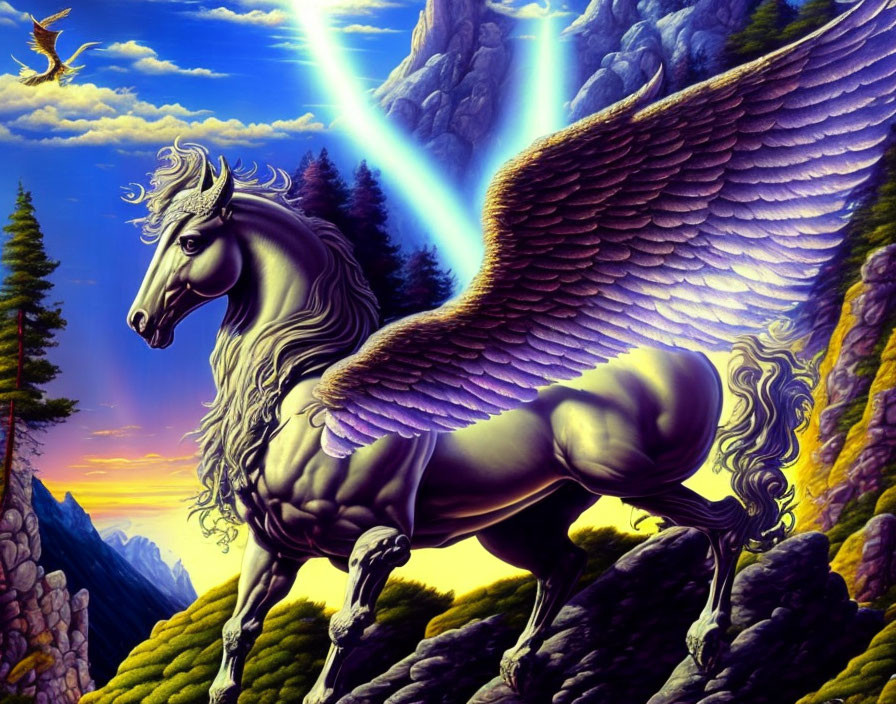 Majestic winged horse with horn on cliff under sunbeams