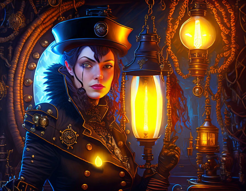 Steampunk woman with lantern in mechanical setting