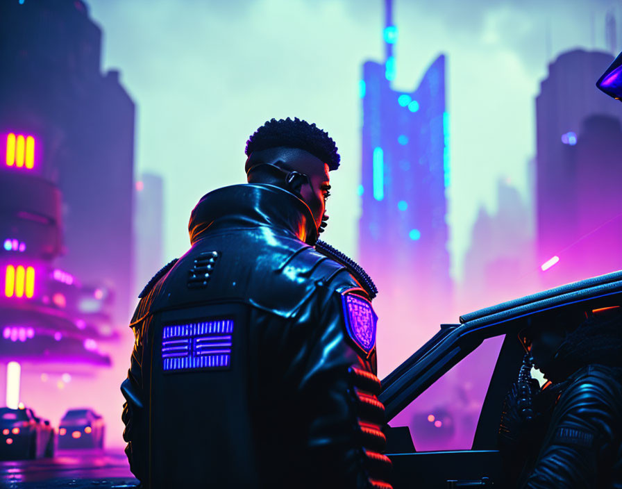 Man in leather jacket in futuristic city at night with neon lights by vehicle.