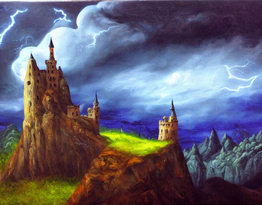 Fantastical painting: Castle on rocky hill, stormy sky, lightning bolts, mountains, distant