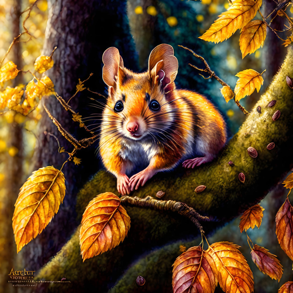 Illustration of cute mouse on branch with vibrant autumn leaves