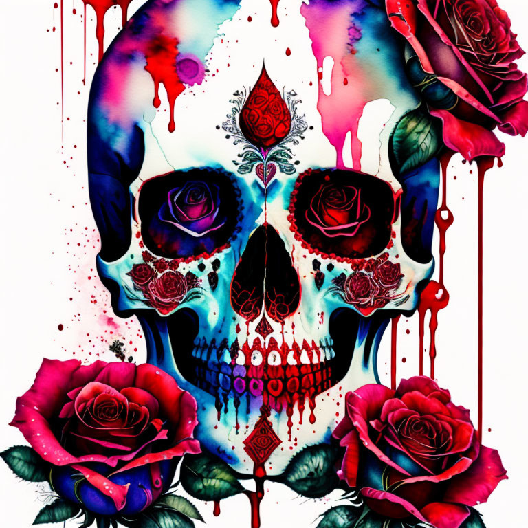 Colorful skull with red and purple hues and vibrant roses in gothic style