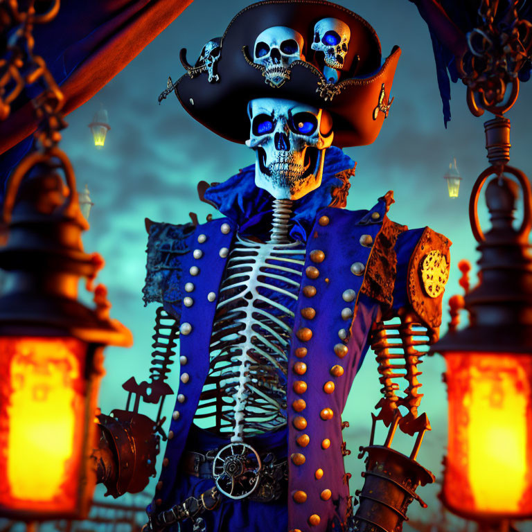 Skeleton pirate in tricorn hat with lanterns under dusky sky