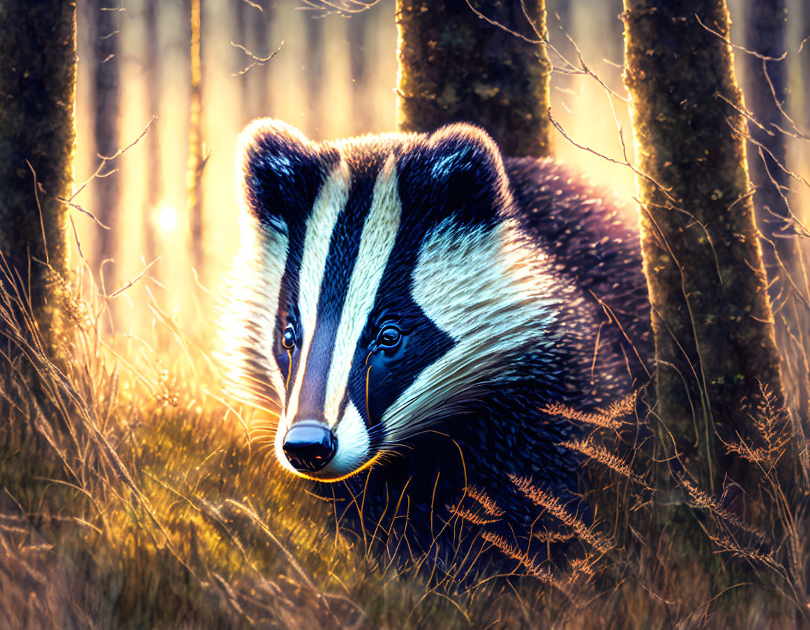 European Badger with Black and White Facial Stripes in Sunlit Forest