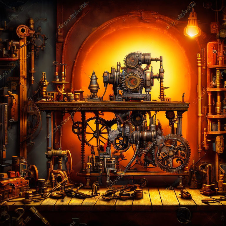 Detailed steampunk workshop with gears, pipes, and machinery in warm light