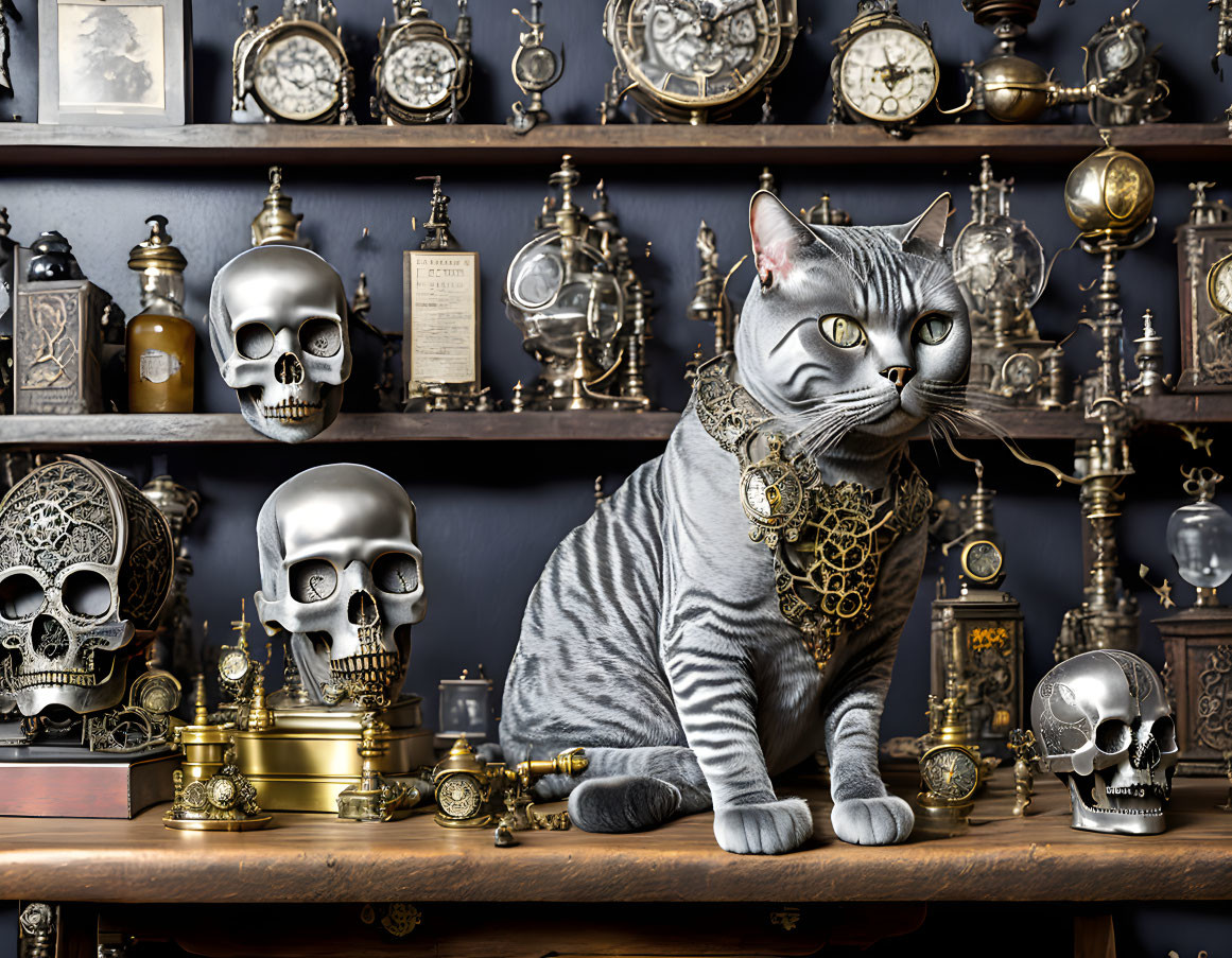 Striped Cat with Jewelry among Skulls and Clocks on Shelves