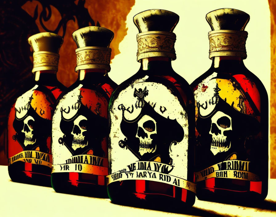 Stylized skull and crown motif bottles in red, yellow, and black colors