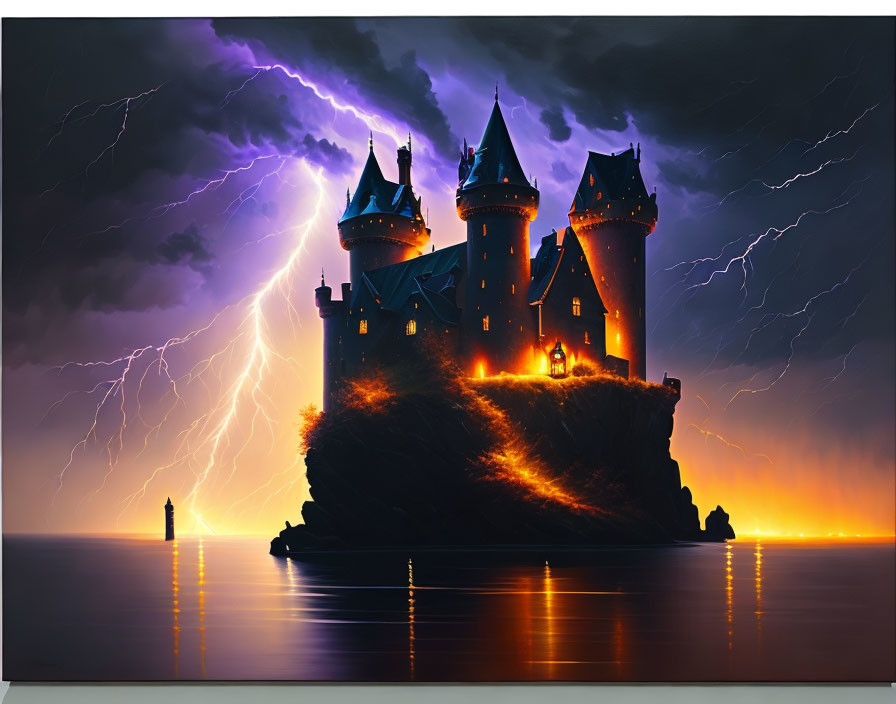 Castle on Cliff Overlooking Sea with Lightning Sky