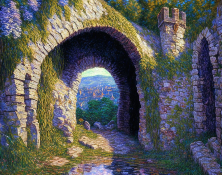 Stone archway frames distant city in twilight landscape