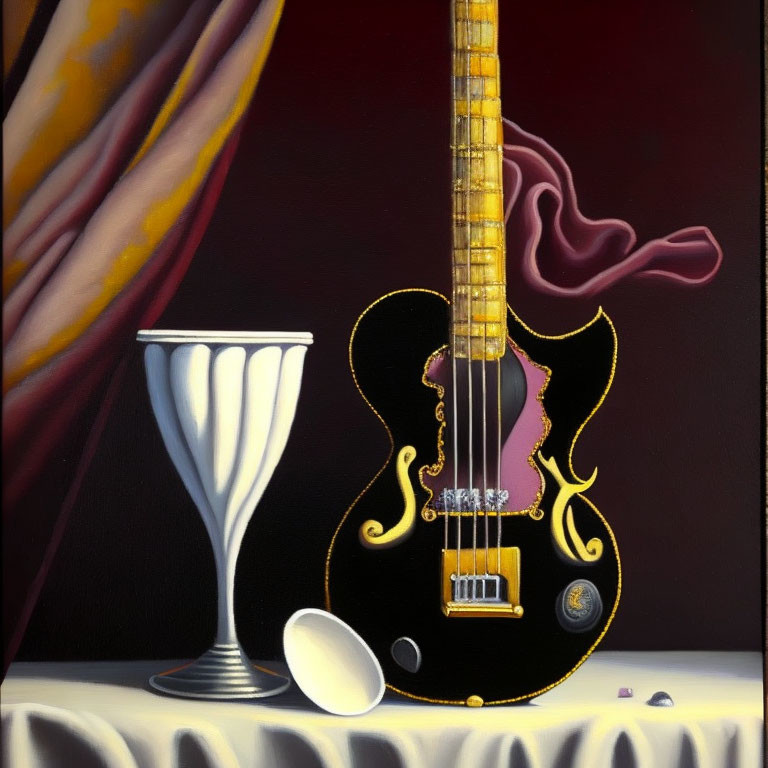 Surreal painting with black guitar, gold details, draped curtain, white goblet, falling disc