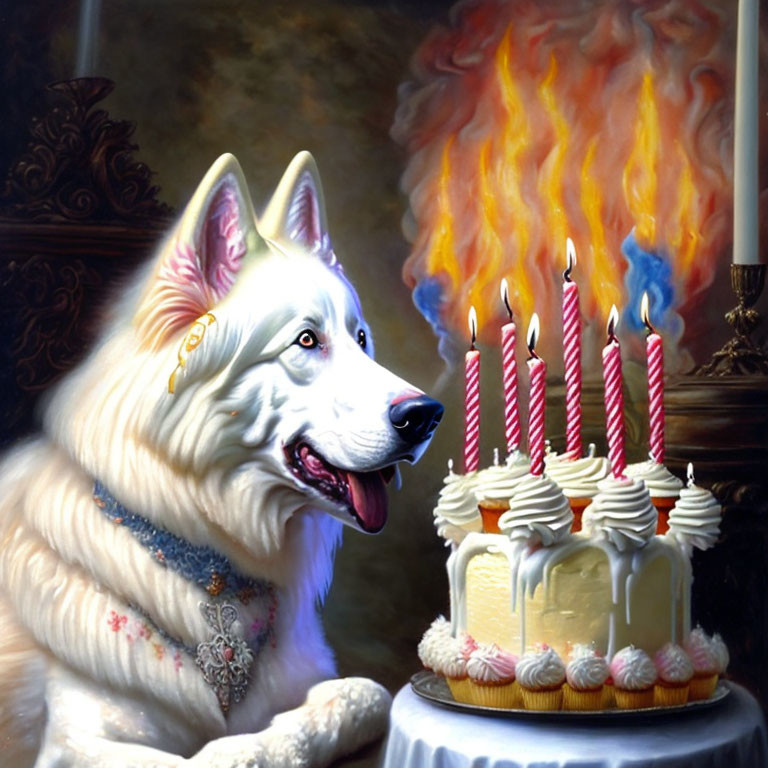 White Dog with Jewel-Studded Collar Observing Burning Cake and Flames