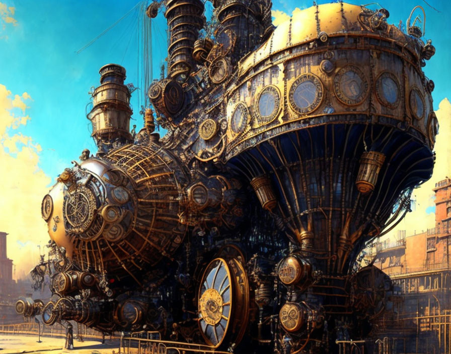 Steampunk airship with brass details in industrial cityscape.