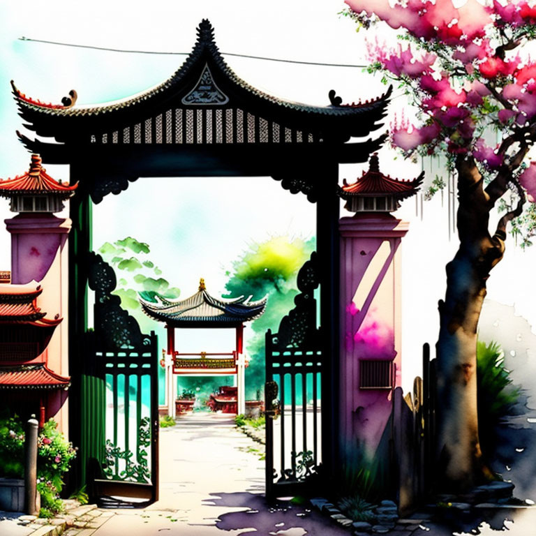 Ornate Asian-style gate and garden with blossoming trees and distant pagoda