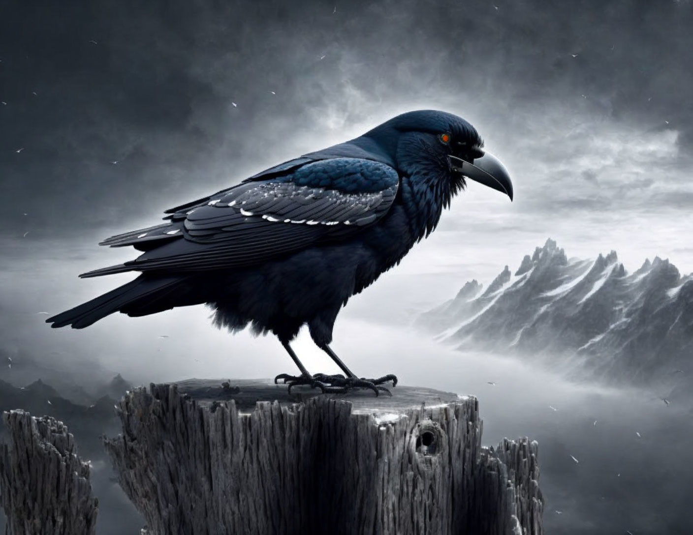 Black raven on wooden stump in misty mountain scene