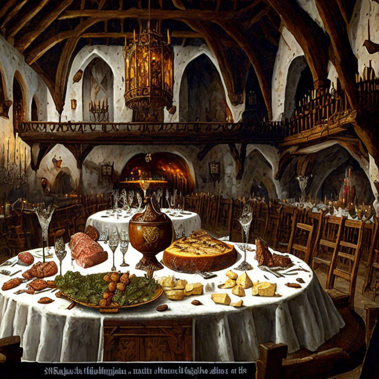 Medieval-themed banquet hall with feast on white tablecloth