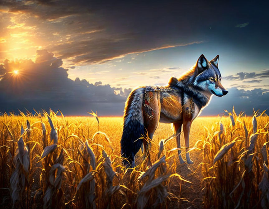 Fox in Golden Wheat Field at Sunset with Dramatic Shadows