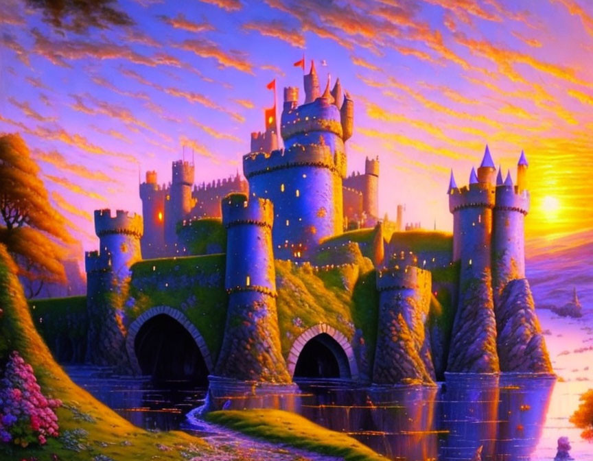 Fairytale castle with towers and moat under colorful sunset sky