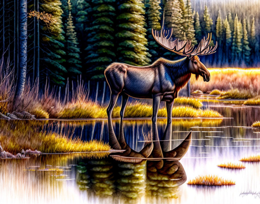 Moose by tranquil lake in autumn forest with reflection