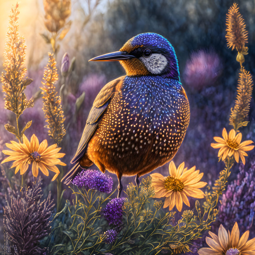 Colorful starling among purple and yellow wildflowers in golden sunlight