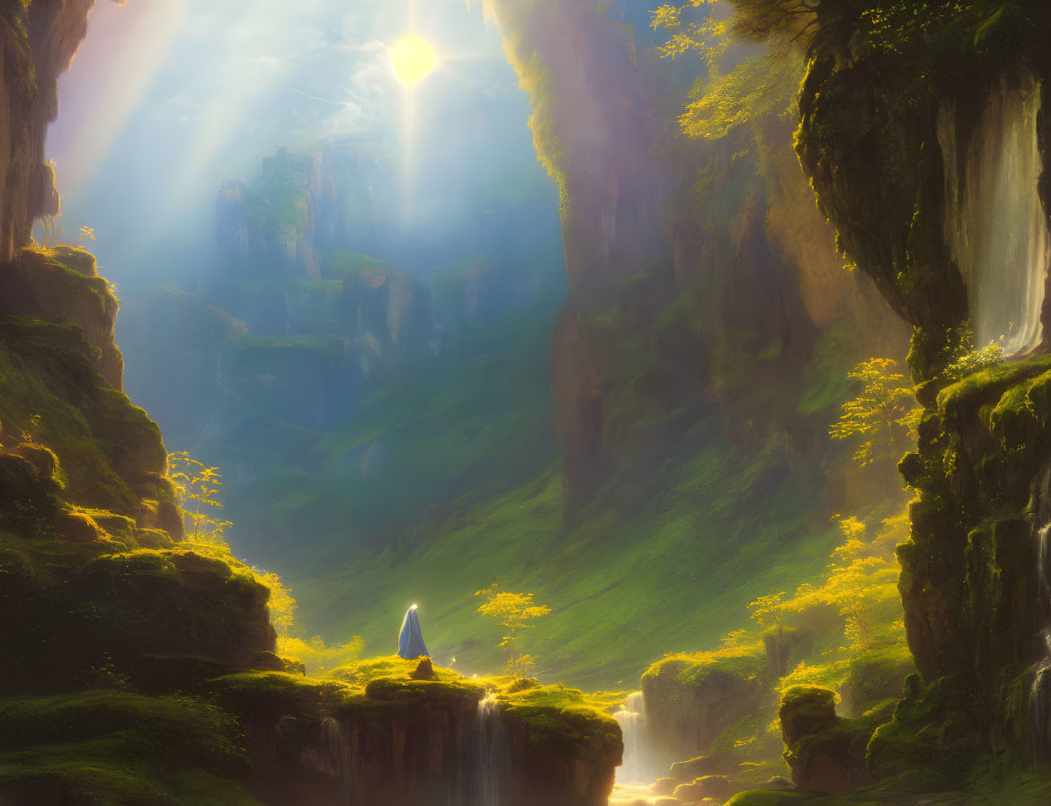 Mystical forest scene with lone figure on cliff amid lush greenery