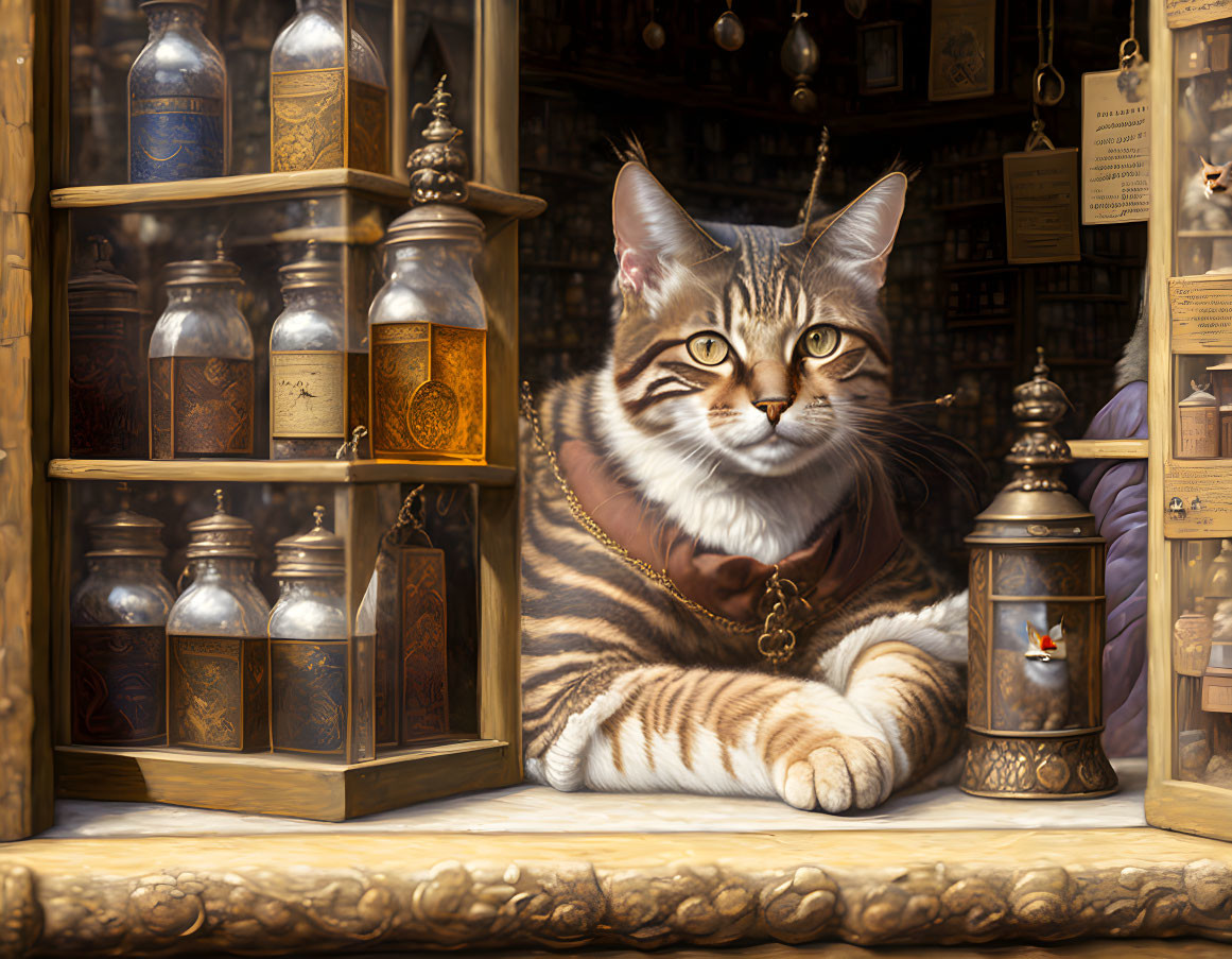 Tabby Cat with Key Pendant in Mystical Apothecary Scene