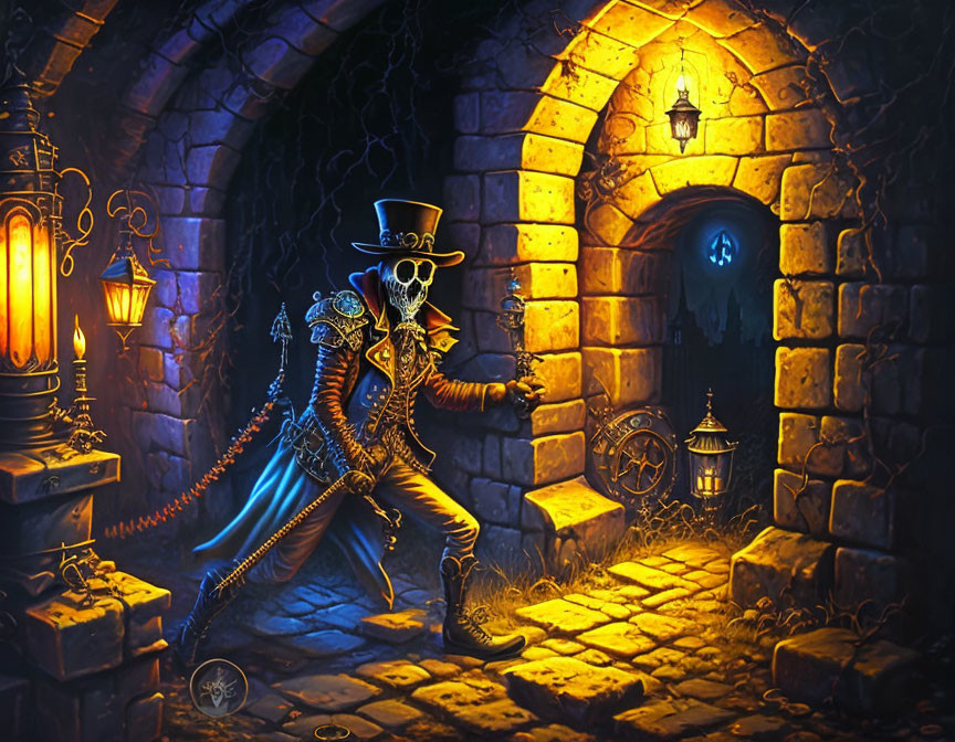 Elegantly dressed skeleton dancing in candlelit stone corridor