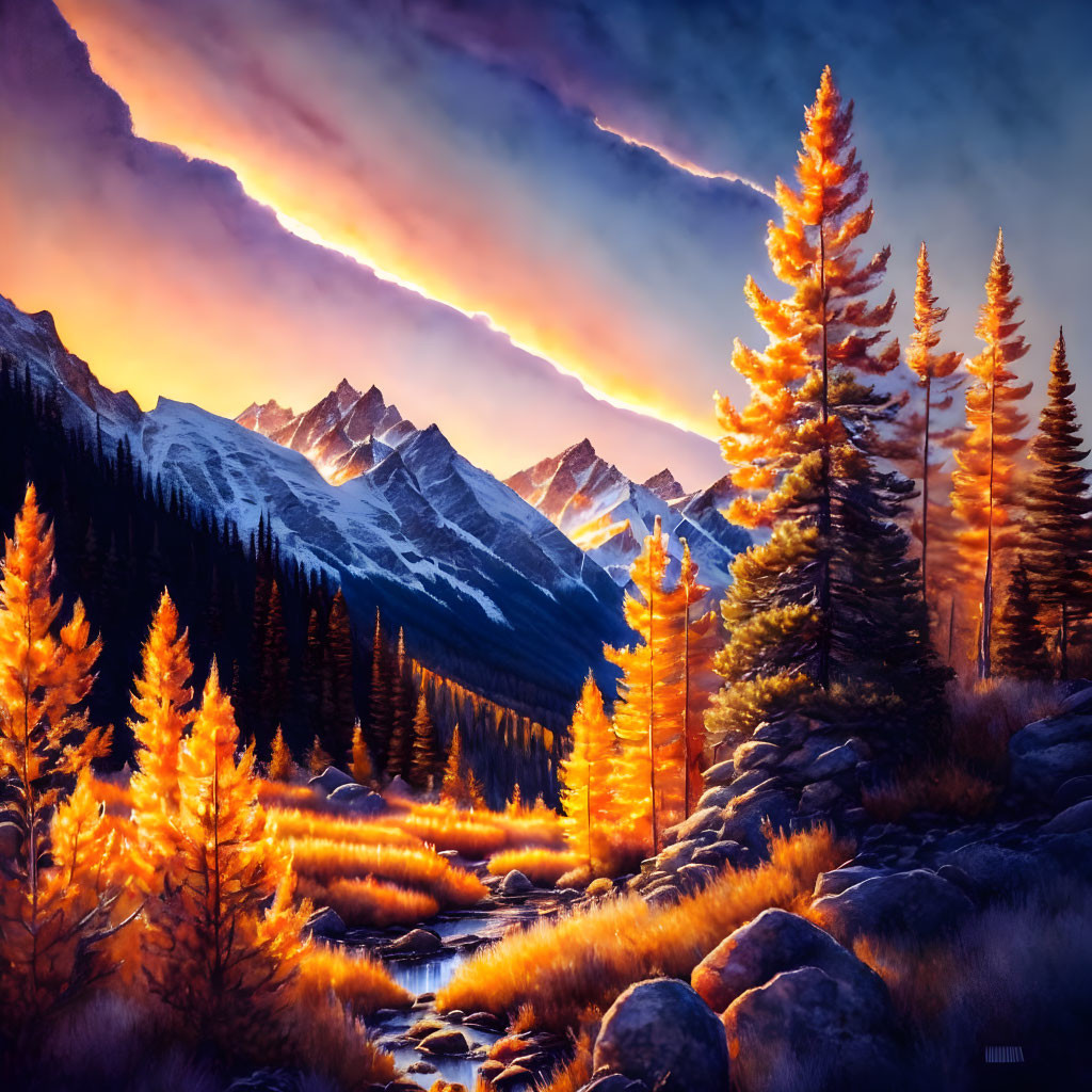 Scenic sunset over snowy mountains with golden larch trees by tranquil stream