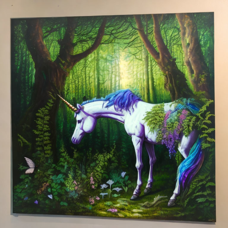 White Unicorn with Purple Mane in Enchanted Forest with Sunlight and Glowing Flowers