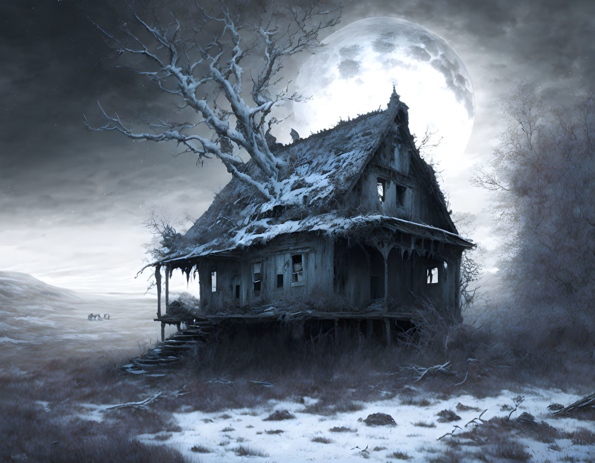 Spooky abandoned house under large moon in desolate landscape