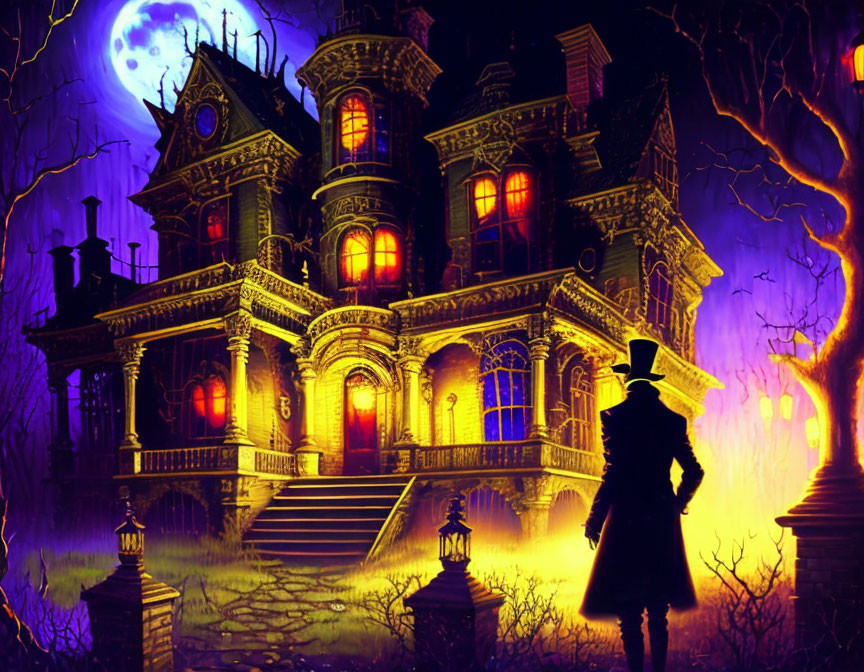 Silhouetted figure in front of haunted house with glowing windows