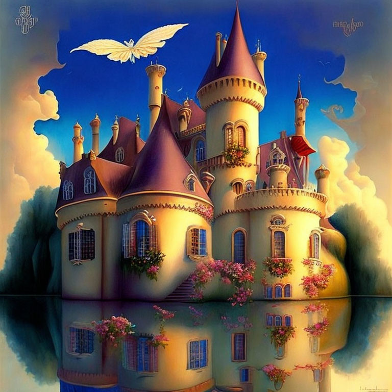 Whimsical castle with turrets and balconies reflected in water at twilight